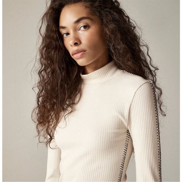 J. Crew Premium Rib Turtleneck Long Sleeve Whipstitch Trim Natural Beige S - Picture 2 of 8